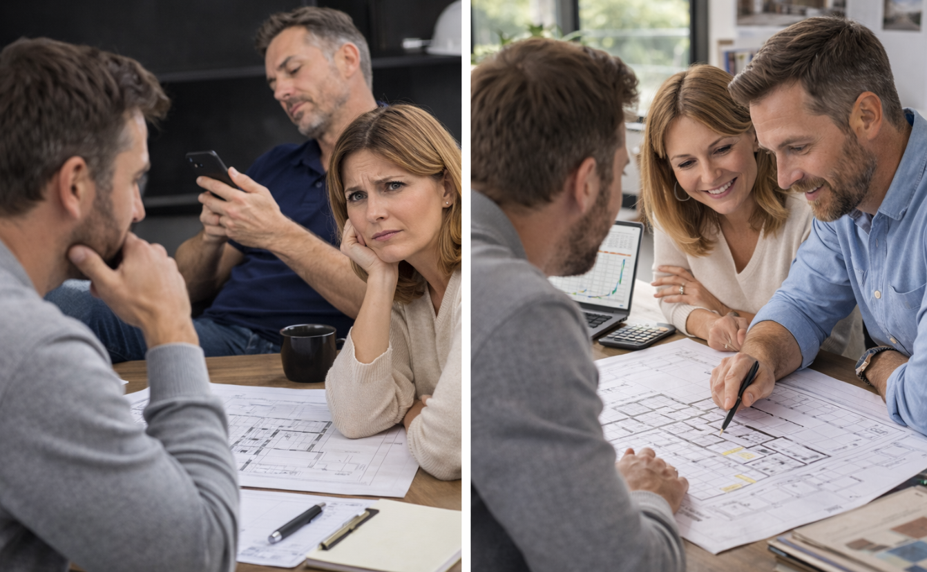 Comparison of attentive and inattentive builder during client discussion and planning