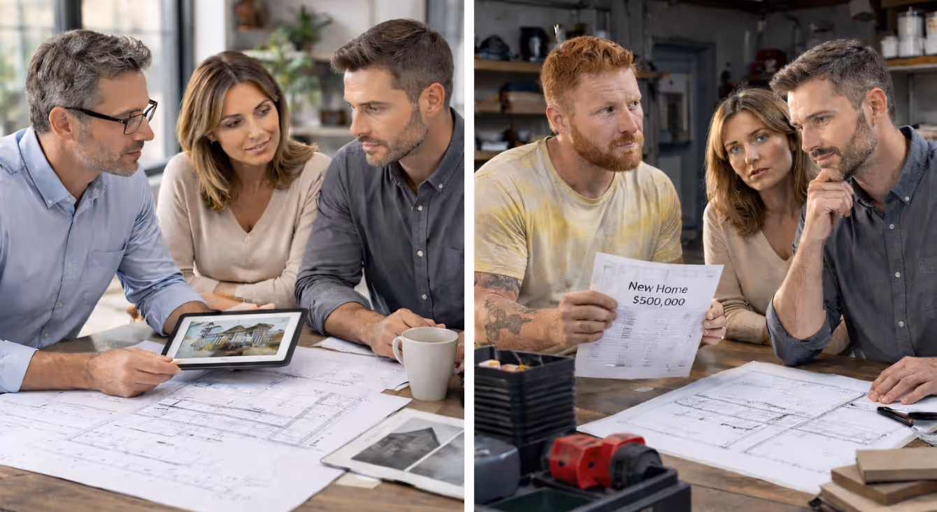 Homeowner reviewing builder proposal and avoiding early construction planning mistakes