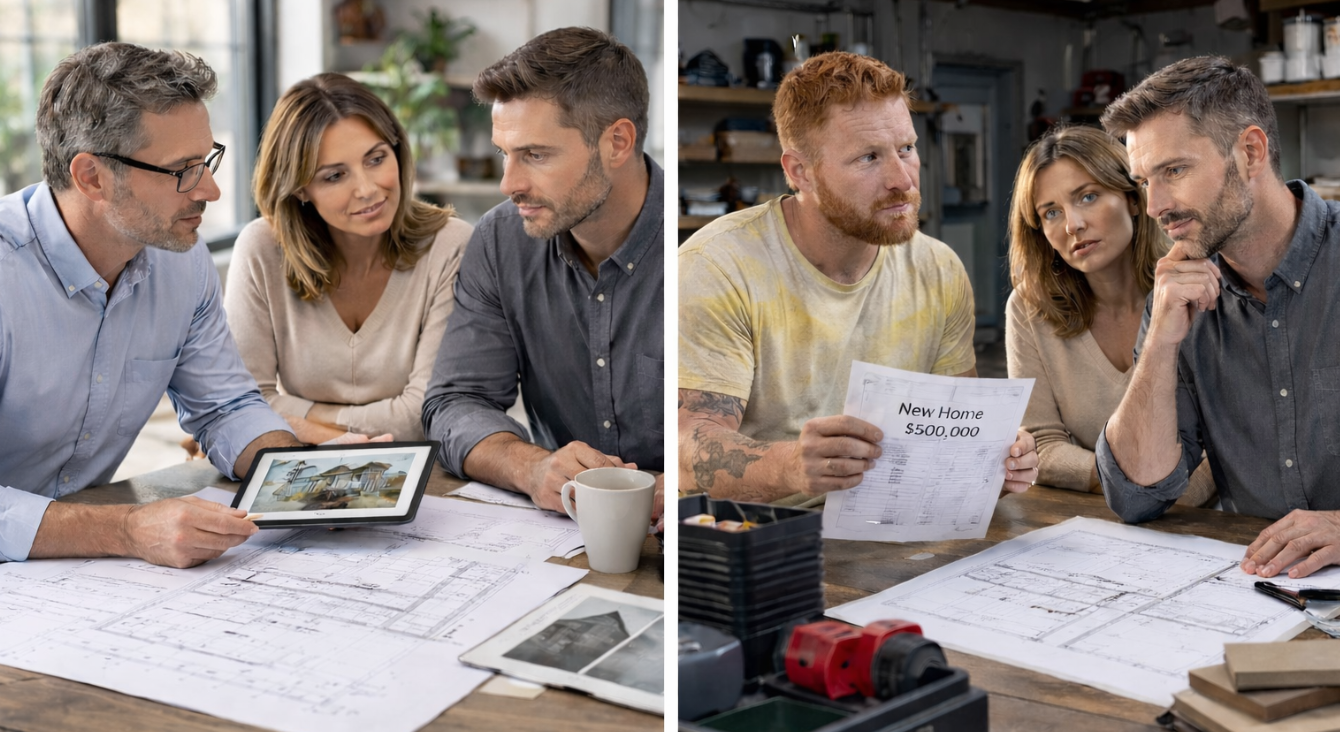 Homeowner reviewing builder proposal and avoiding early construction planning mistakes