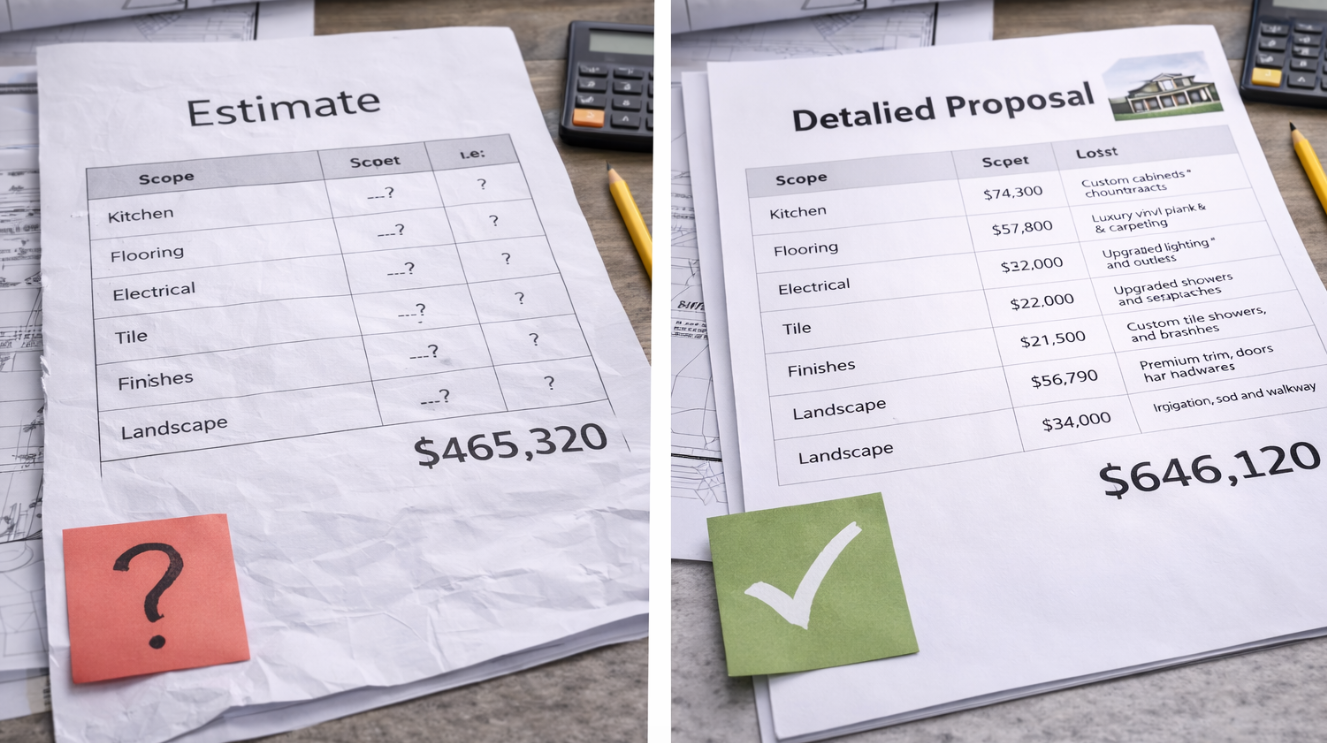 Comparison of low price construction bid with missing scope versus detailed proposal