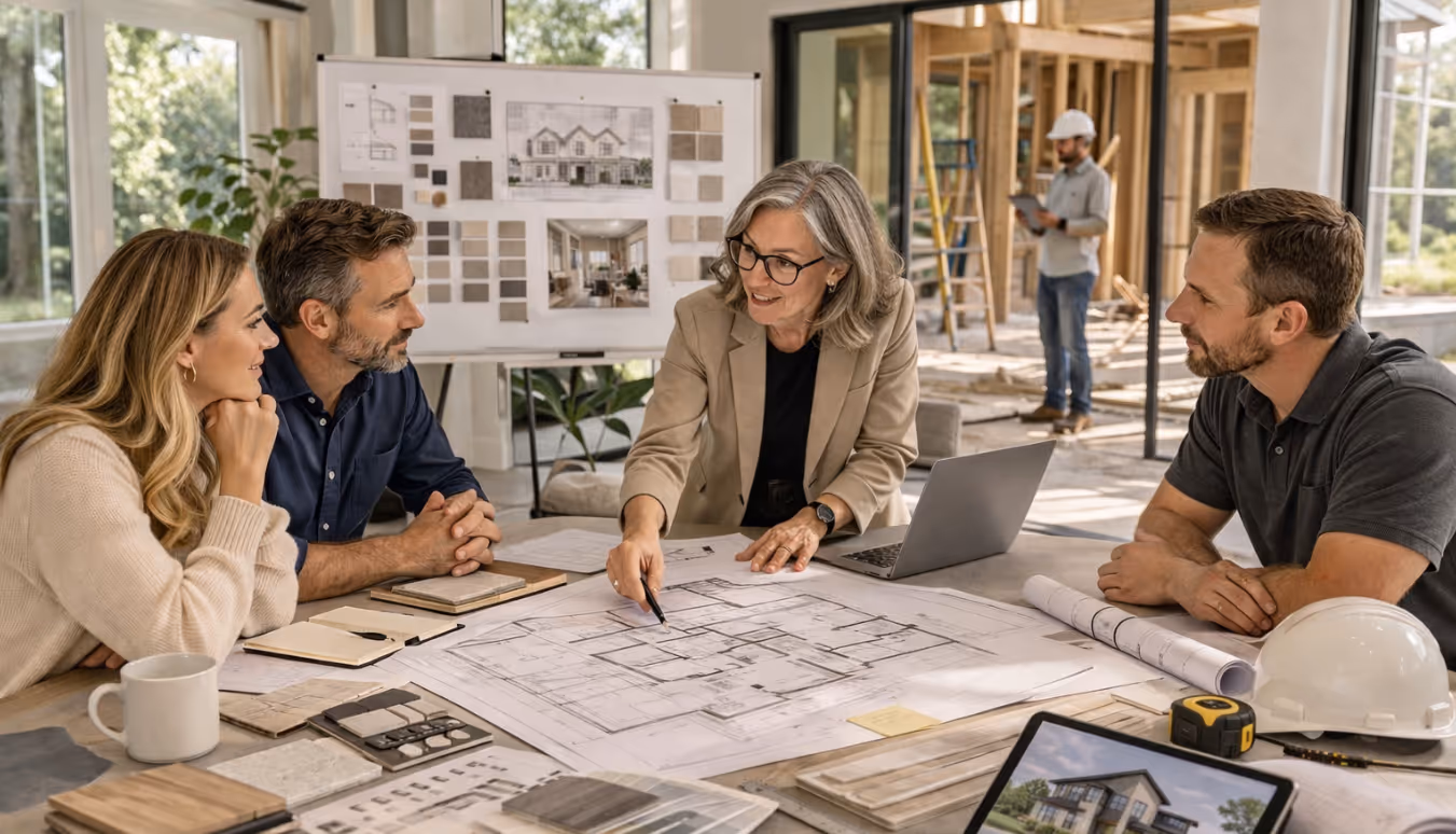 Architect leading design discussion with builder and homeowner in custom project