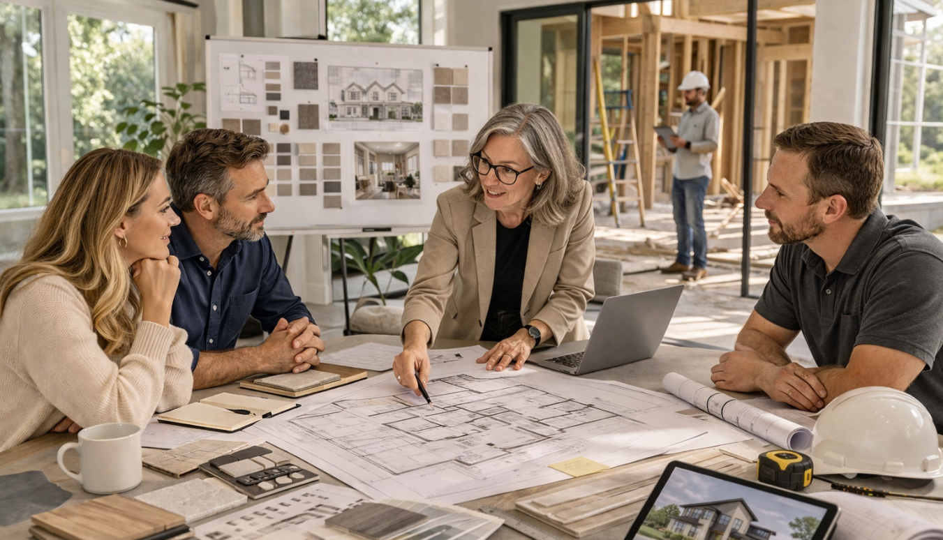 Architect leading design discussion with builder and homeowner in custom project