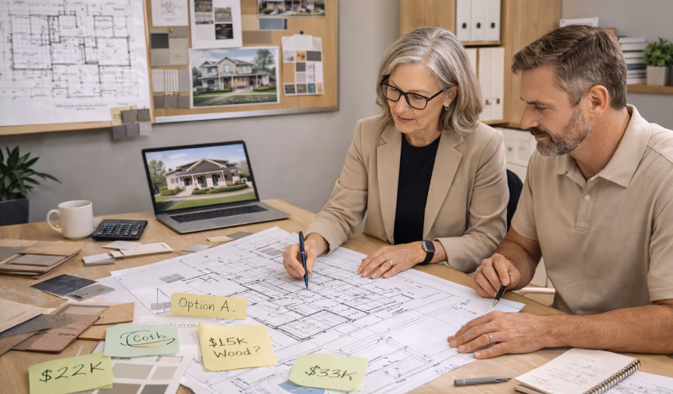 Architect and builder reviewing design options and costs during early collaboration