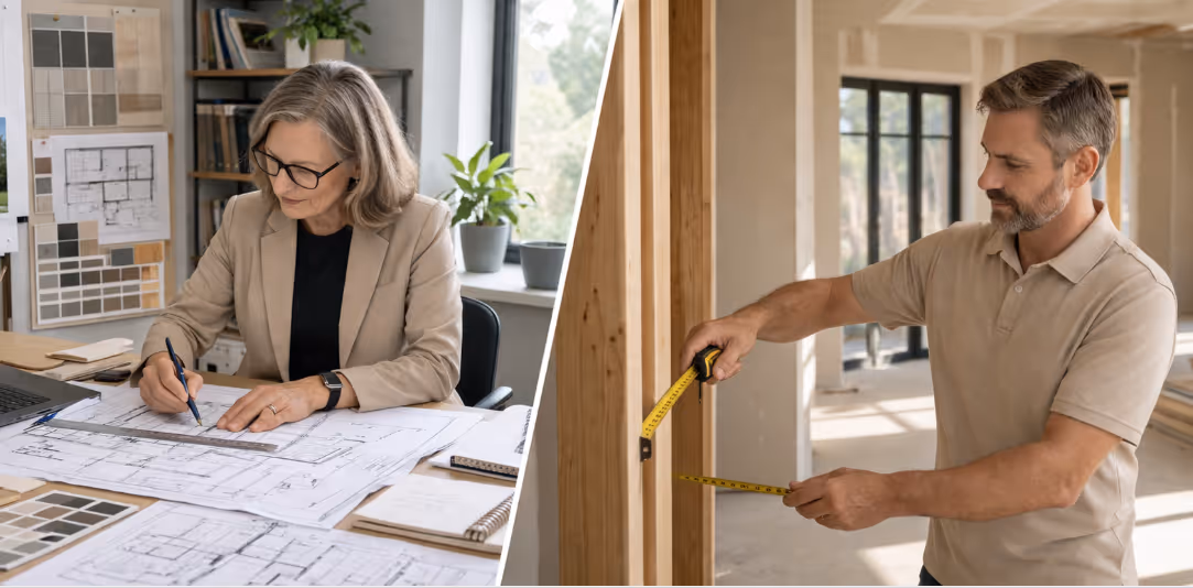 Architect designing plans and builder managing construction roles and responsibilities