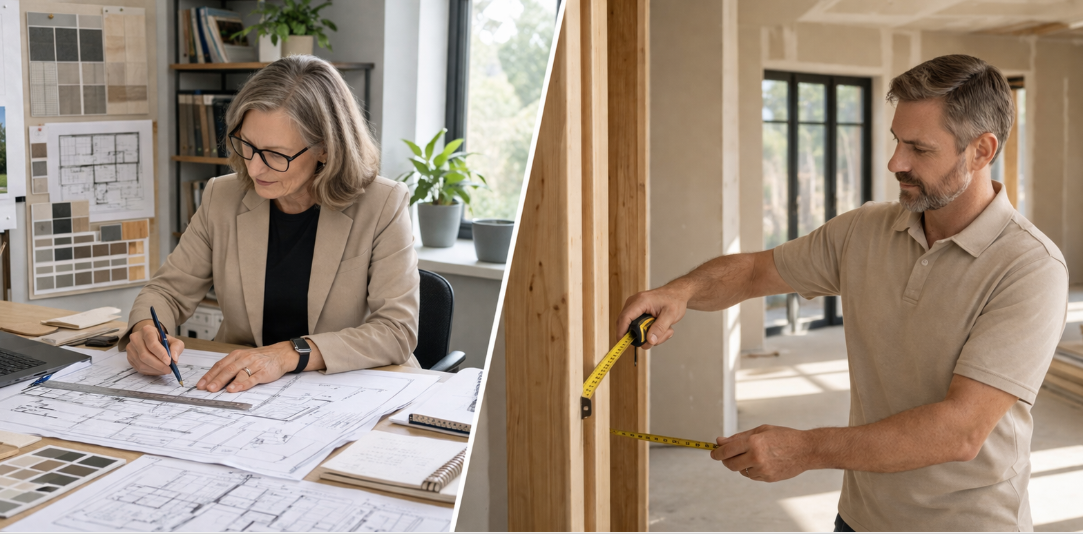 Architect designing plans and builder managing construction roles and responsibilities