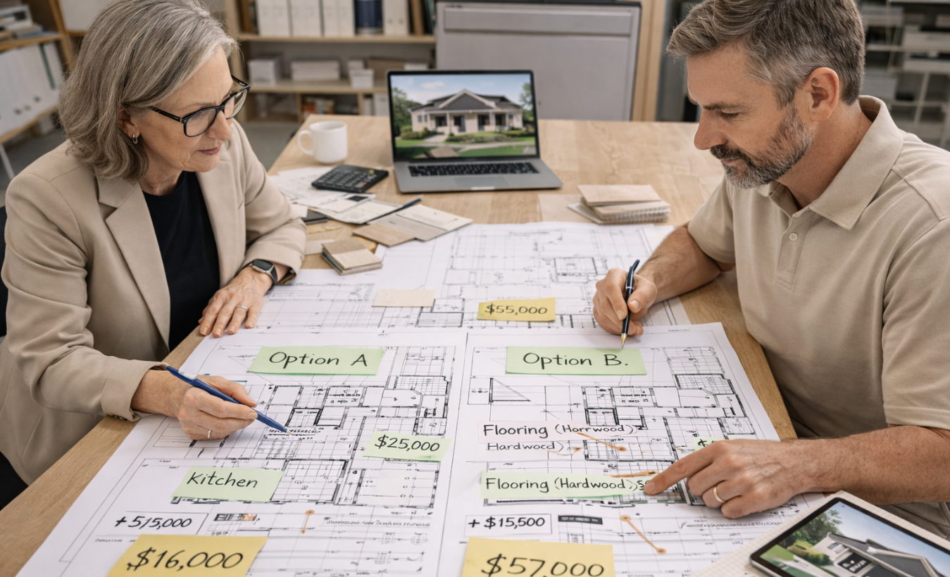Architect and builder aligning design with budget using cost feedback and options