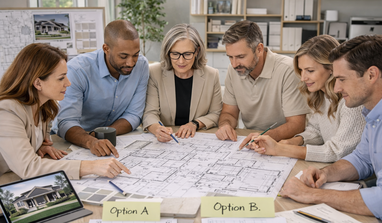 Custom home project team including architect builder and consultants collaborating together