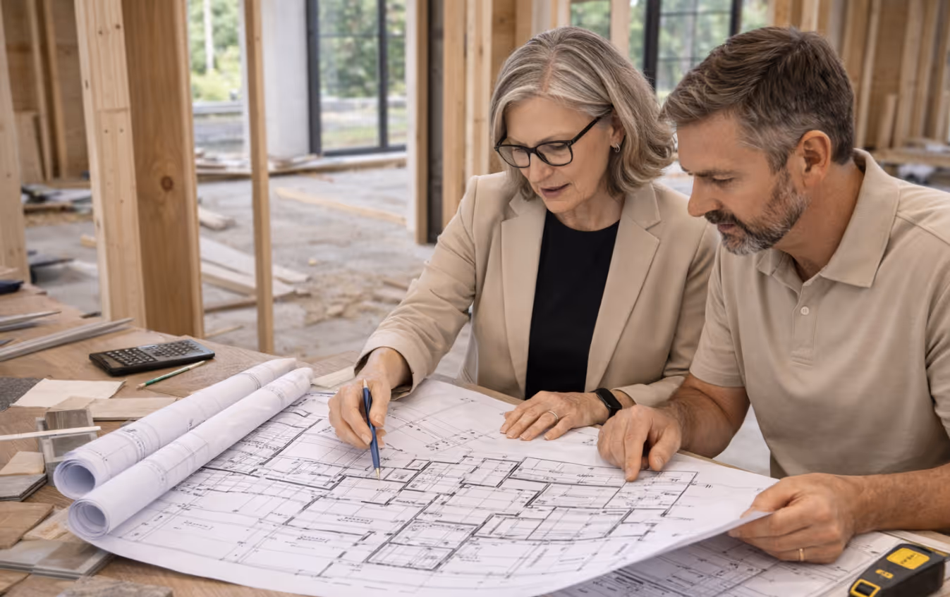 Architect and builder collaborating on site to resolve construction details