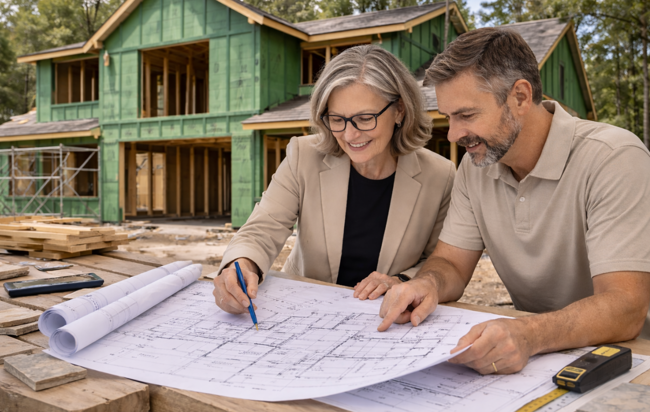 Builder and architect collaborating closely as partners on custom home project
