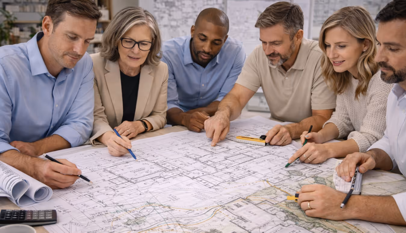 Construction consultants including engineers and designers collaborating on project plans