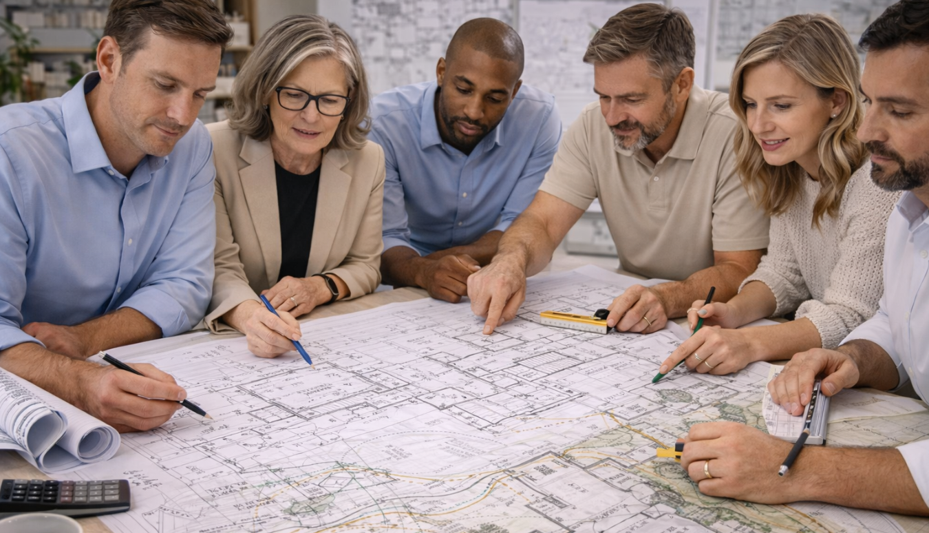 Construction consultants including engineers and designers collaborating on project plans