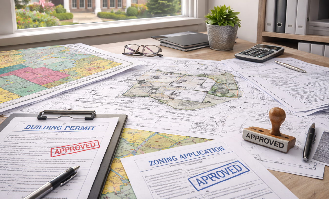 Municipal building permit office reviewing residential construction plans and zoning documents