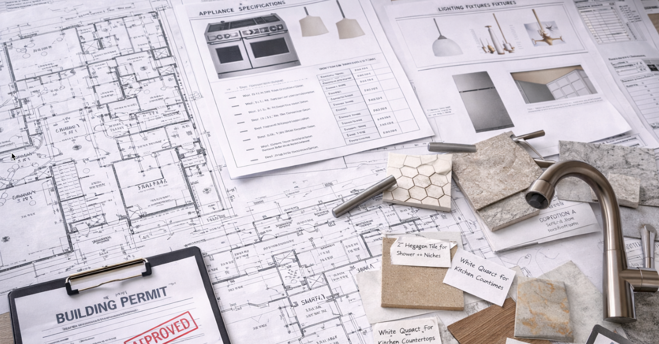 Detailed construction drawings with material and fixture selections prepared for pricing