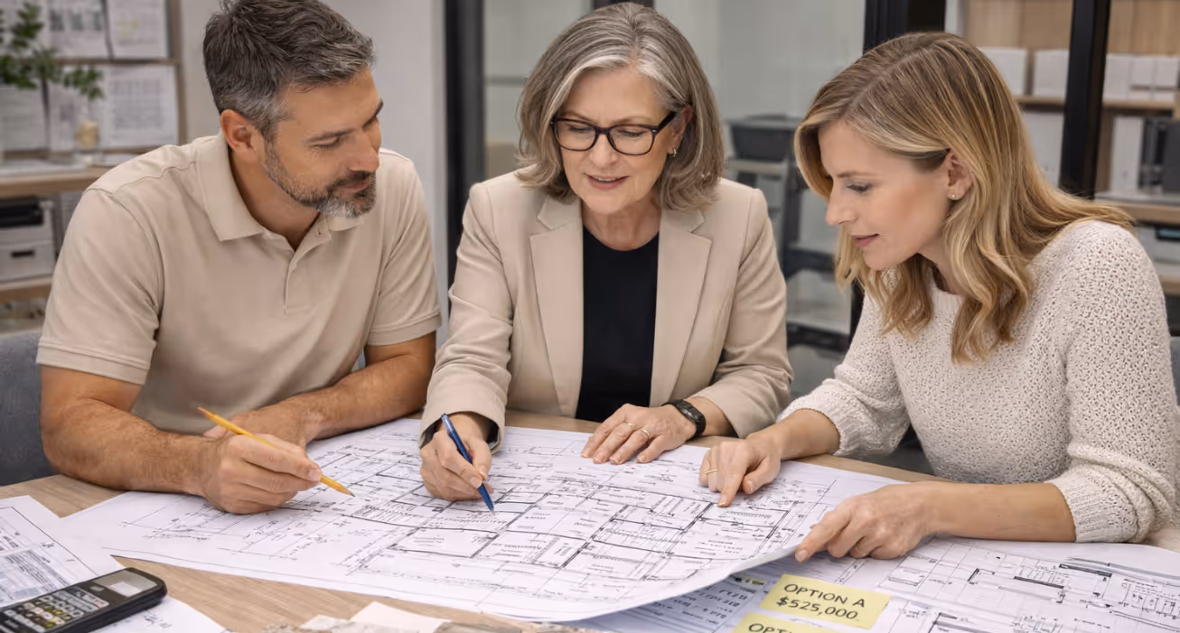 Architect and builder reviewing detailed plans and schedules during preconstruction planning phase