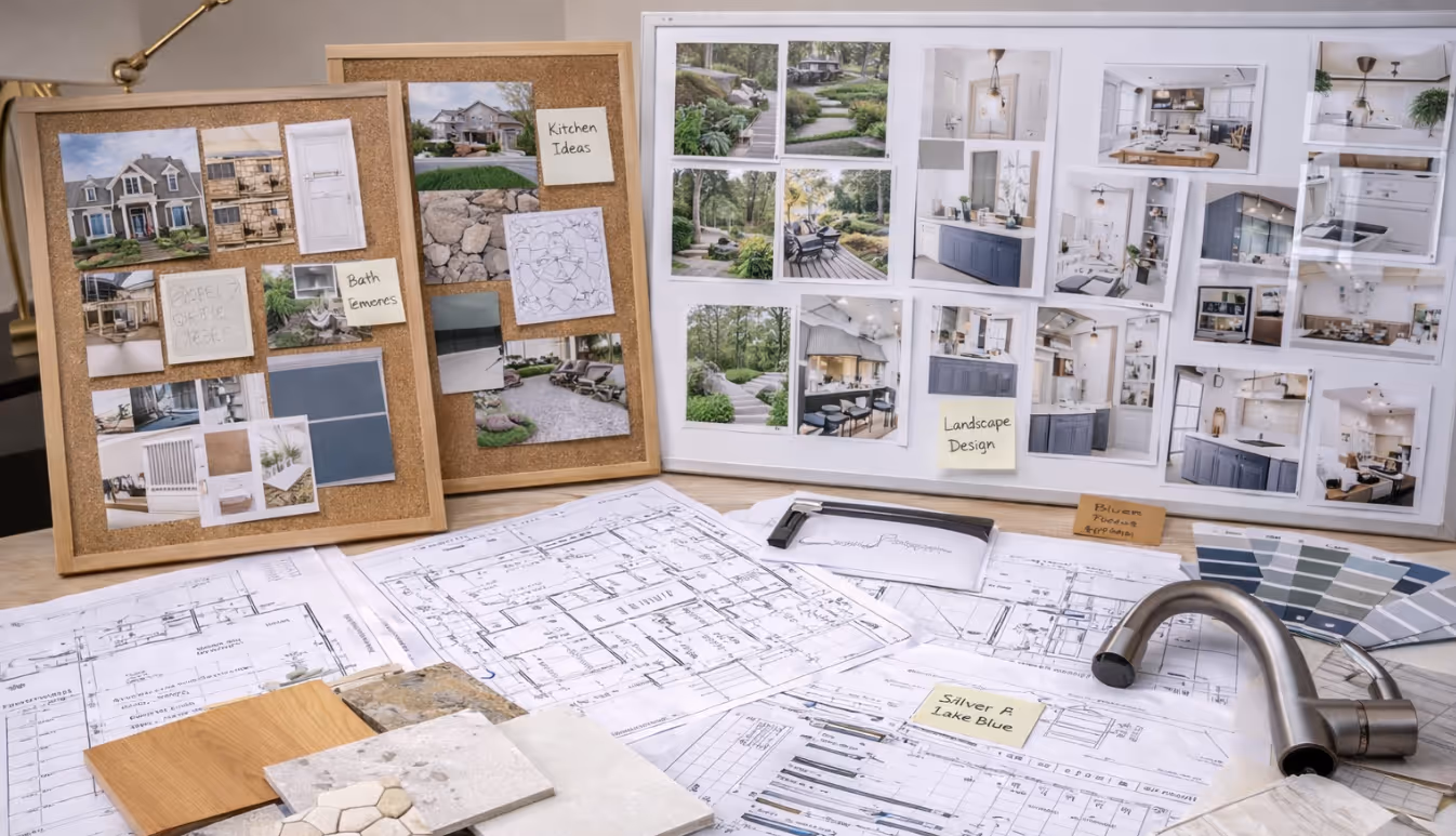 Design planning workspace with inspiration boards material samples and architectural sketches organized for project development