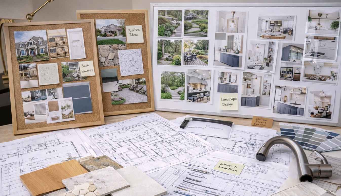 Design planning workspace with inspiration boards material samples and architectural sketches organized for project development