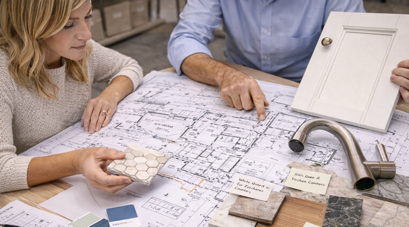 Custom home design meeting with material samples plans and homeowner reviewing detailed selections