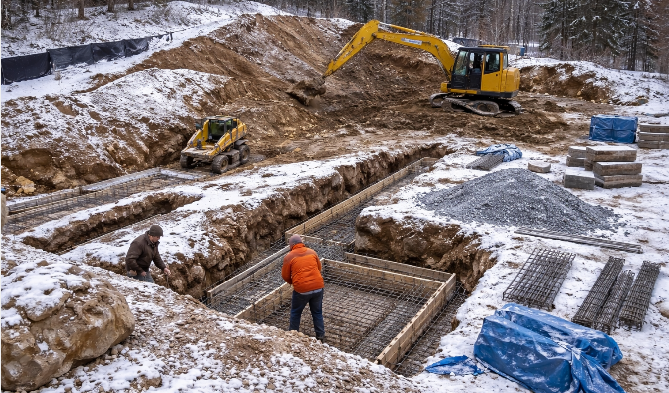 Residential construction site in winter with excavation and foundation work underway despite cold weather