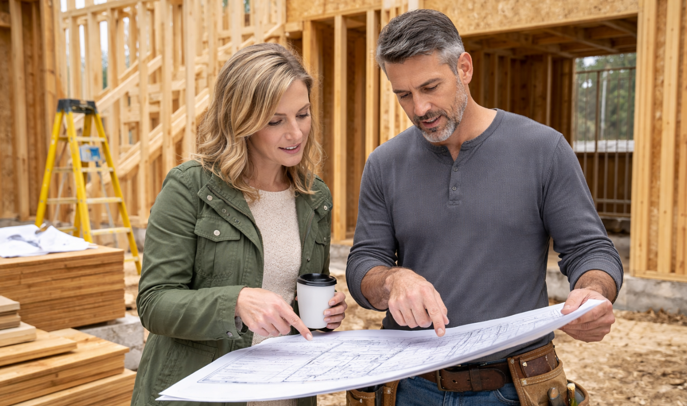 Homeowner and builder reviewing plans and making decisions together on active construction site