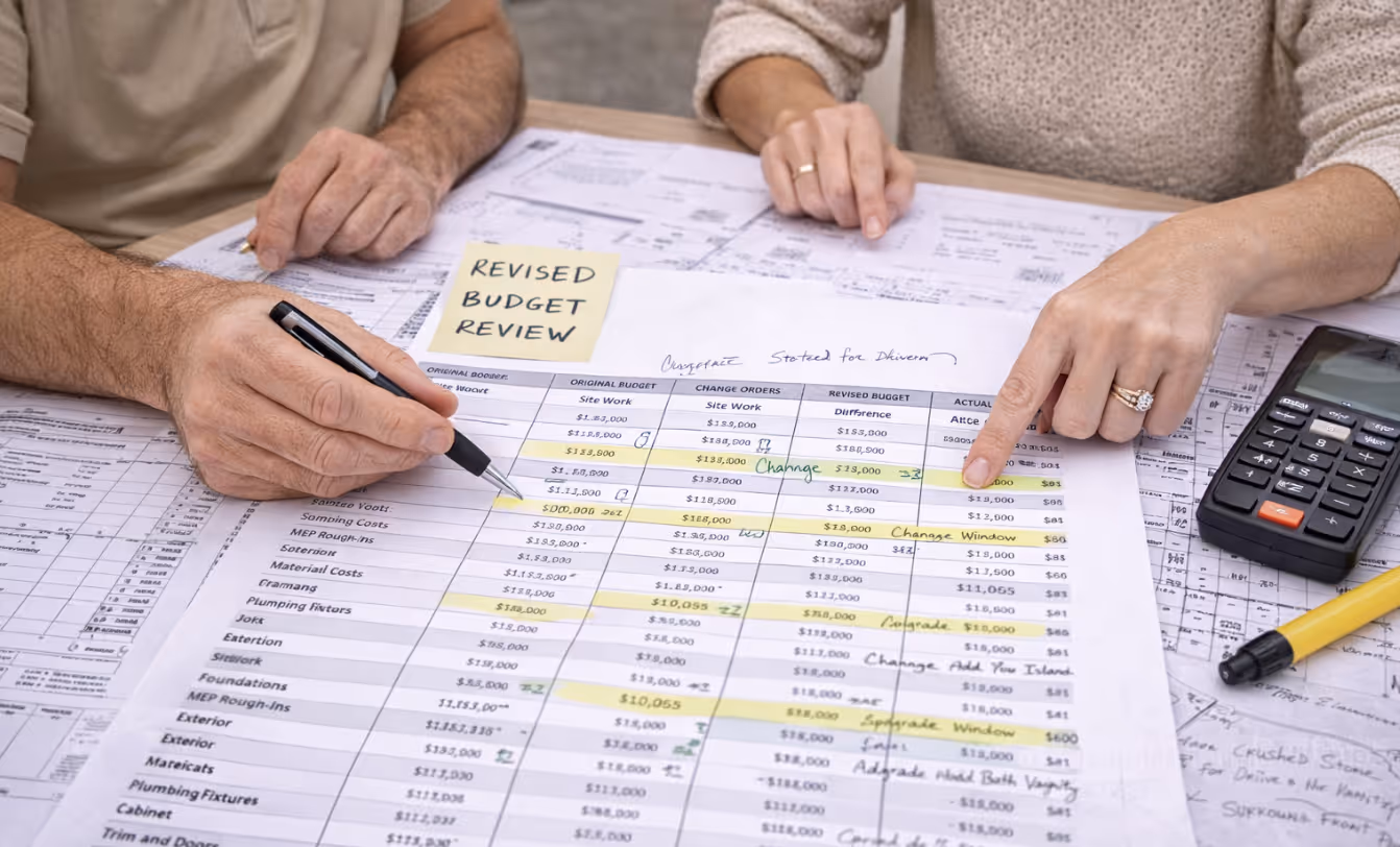Construction budget review with homeowner analyzing cost changes and tracking expenses across multiple decisions