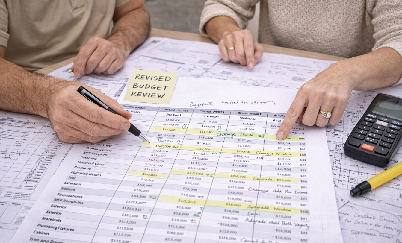 Construction budget review with homeowner analyzing cost changes and tracking expenses across multiple decisions