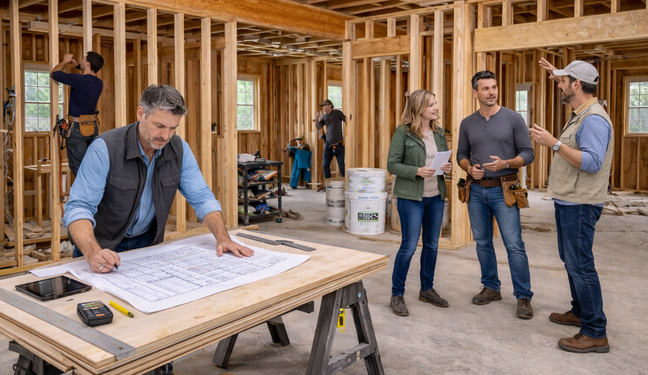 Well organized residential construction site with clean workspace and collaborative team walkthrough in progress