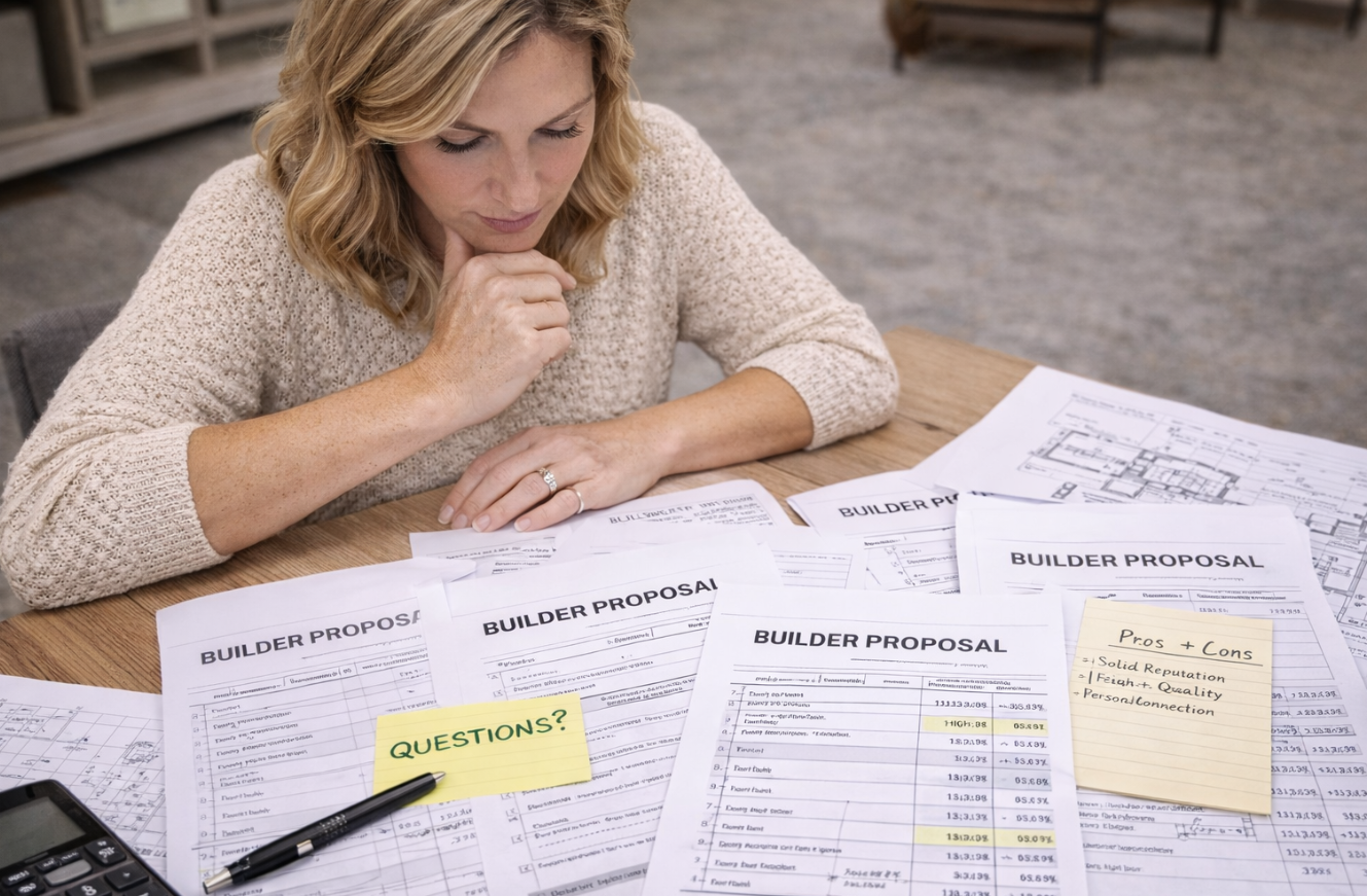 Homeowner reviewing builder proposals and notes while comparing construction plans and project priorities