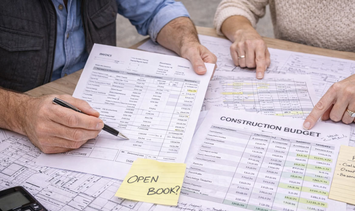 Builder and homeowner reviewing detailed construction budget documents and invoices together at a table