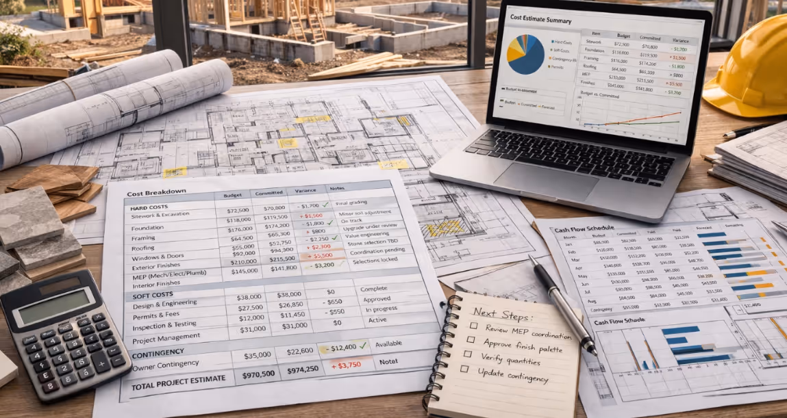 Detailed construction estimate spreadsheet with cost codes and subcontractor bids organized by category