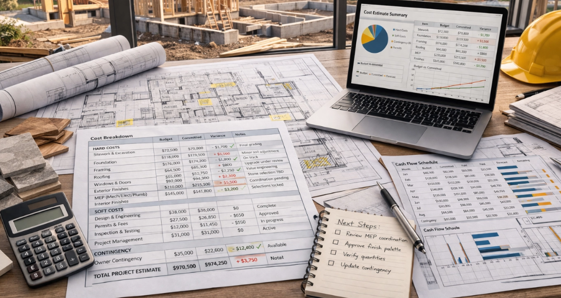 Detailed construction estimate spreadsheet with cost codes and subcontractor bids organized by category