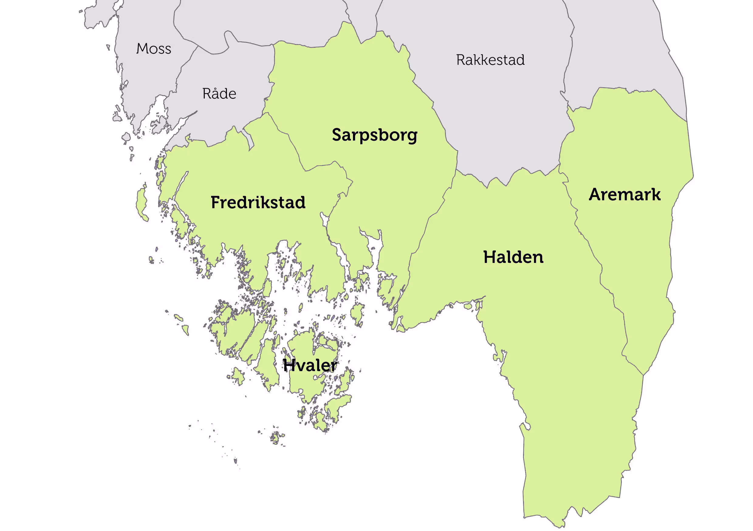 Map highlighting Fredrikstad, Sarpsborg, Halden, Aremark, and Hvaler regions in southeastern Norway.