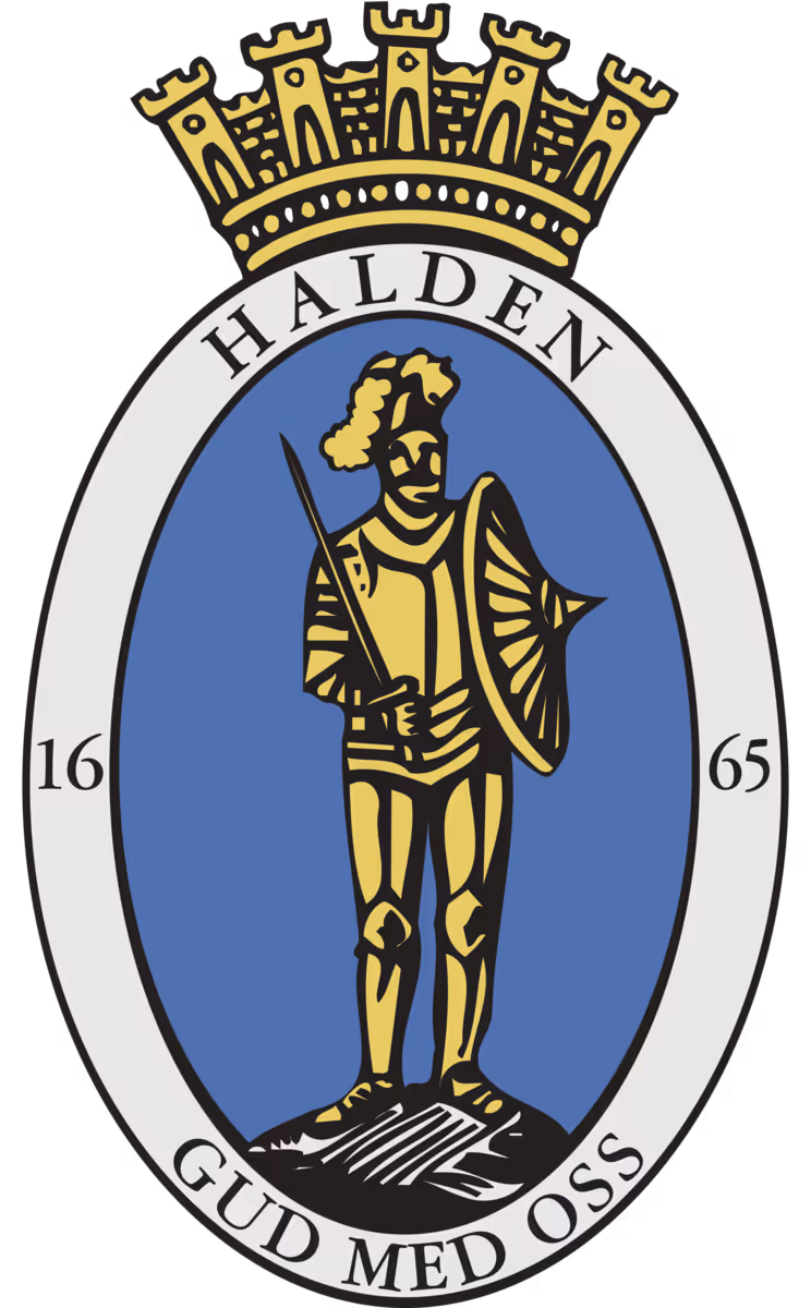 Halden city emblem featuring a gold-armored knight with sword and shield on blue background and a crown.