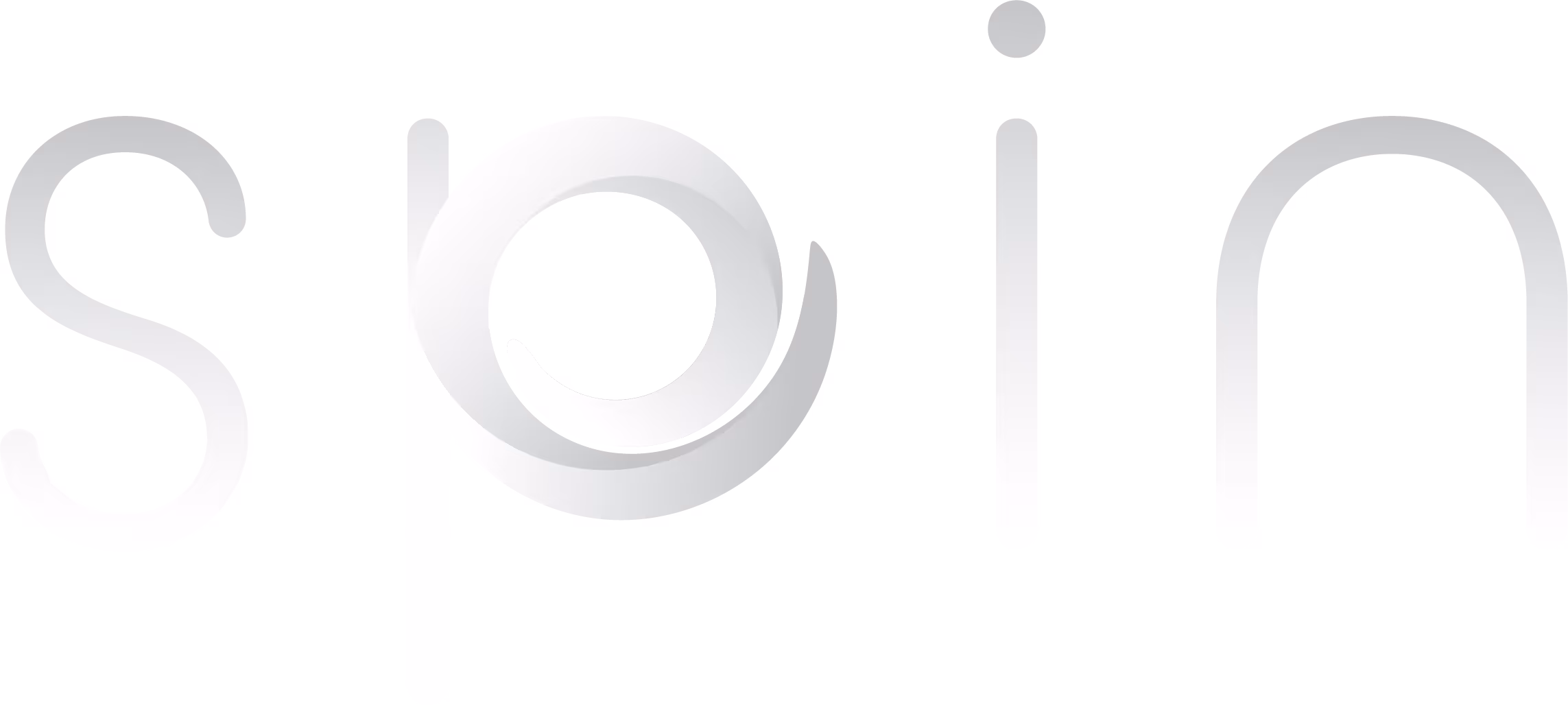 Stylized word 'spin' with a circular swirl forming the letter 'p' in white and gray gradient on black.