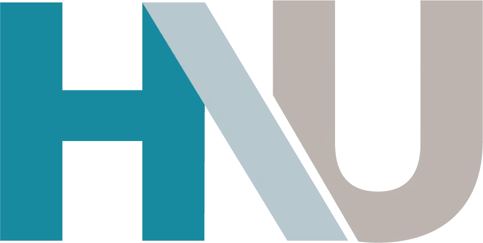 Stylized blue-green H letter next to a light blue diagonal slash and beige U letter.