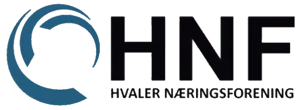 Logo with stylized blue circular shape and black text HNF Hvaler Næringsforening.