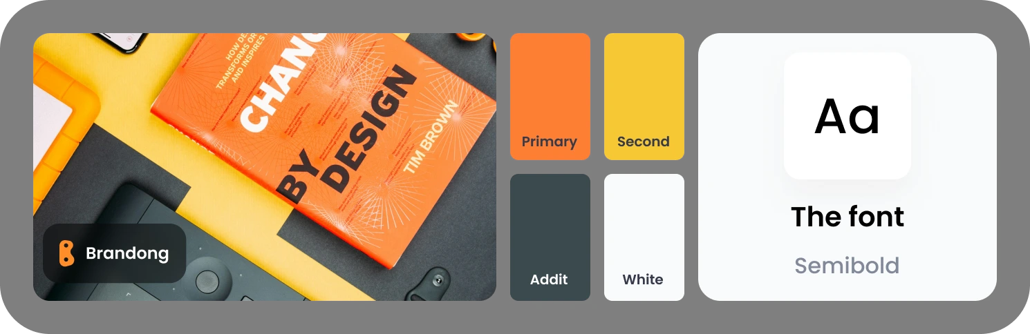 Photo of an orange book titled 'Change by Design' by Tim Brown on a yellow and black background, with color swatches labeled Primary, Second, Addit, White, and a font style sample labeled The font Semibold.