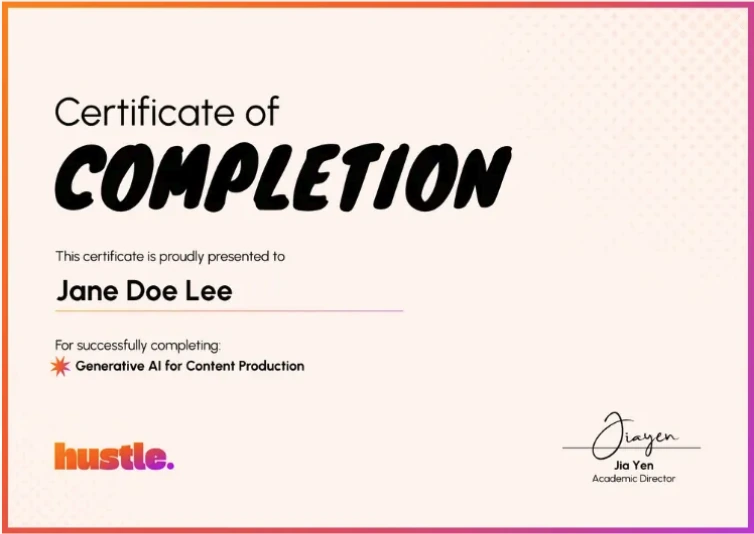 Hustle Certificate of Completion issued through Certifier