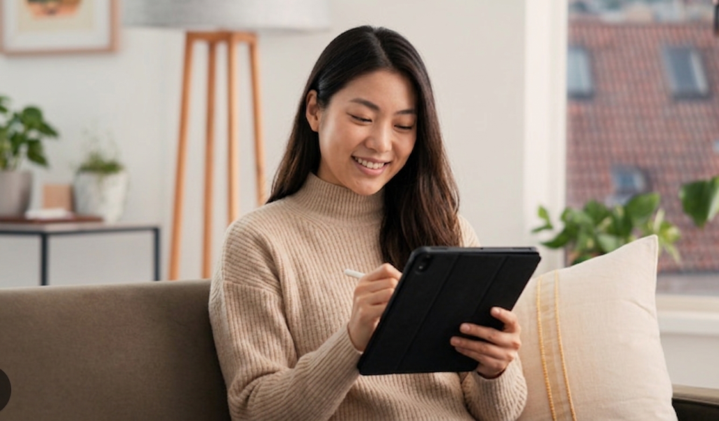 A member reflecting on a tablet at home