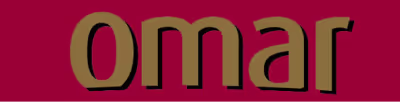 Der Schriftzug 'omar' in goldener Schrift auf dunkelrotem Hintergrund.