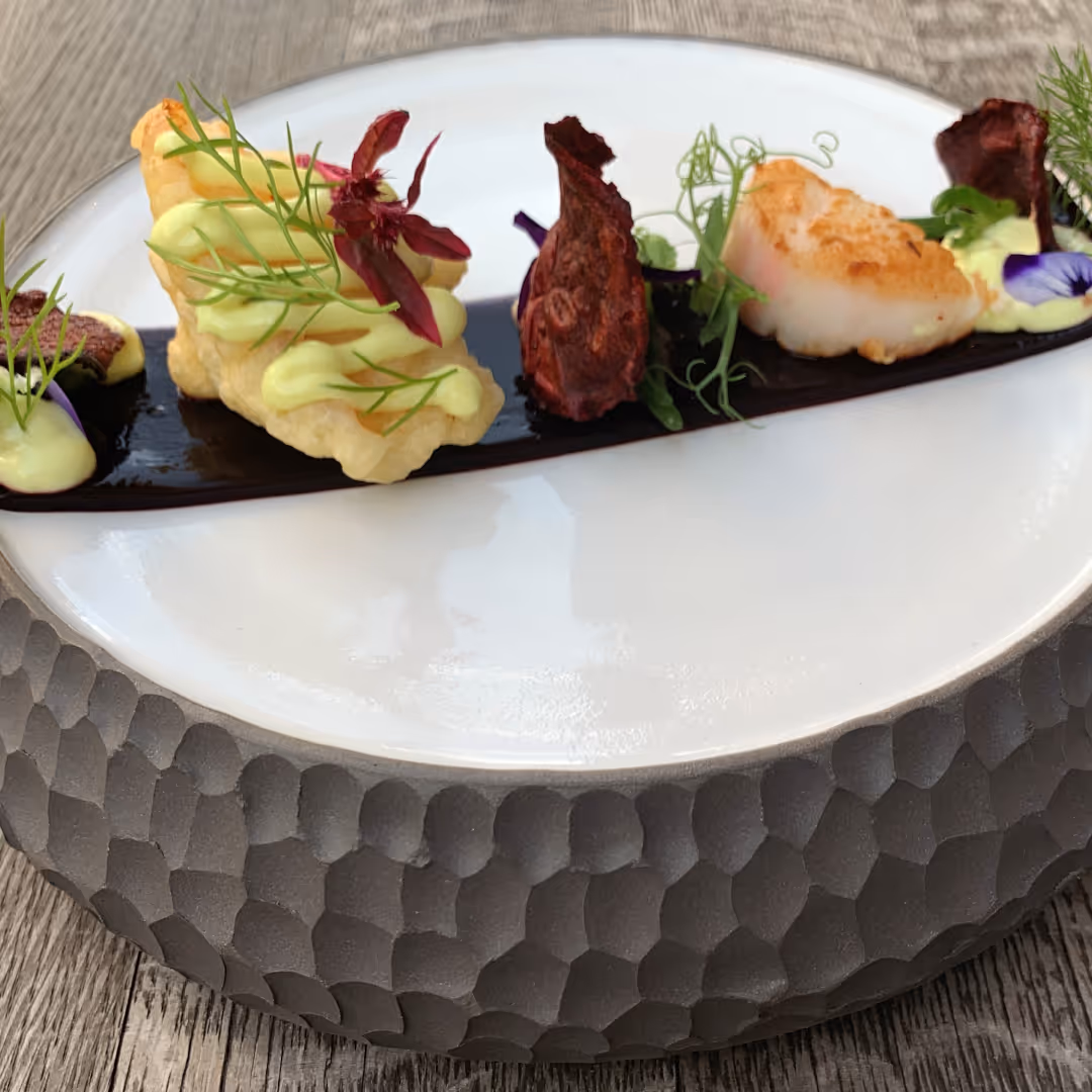 Fein angerichtetes Gericht mit gebratenem Jakobsmuschel, knusprigen Kartoffelstücken, grüner Sauce, Rote-Bete-Chips und Kräutern auf einem weißen Teller mit schwarzem Unterteller.