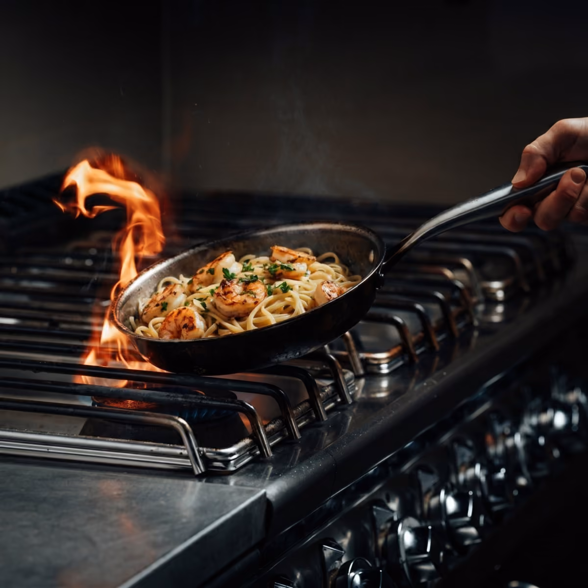 Hand hält Pfanne mit Spaghetti und Garnelen über Gasherdflamme.