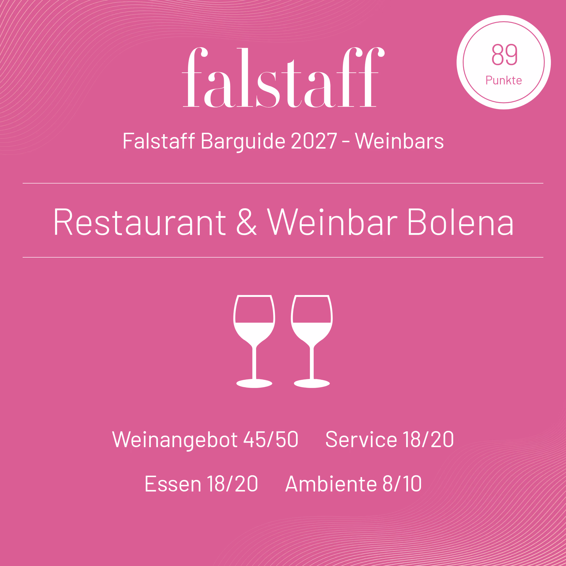 Falstaff Barguide 2027 for Weinbars with 89 points for Restaurant & Weinbar Bolena, showing scores: Weinangebot 45/50, Service 18/20, Essen 18/20, Ambiente 8/10 with two white wine glass icons on a pink background.