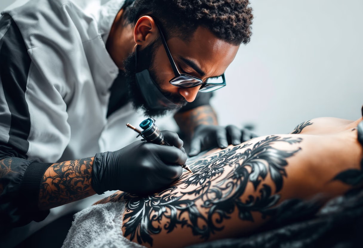 tattoo artist adding finishing touches in a tattoo studio
