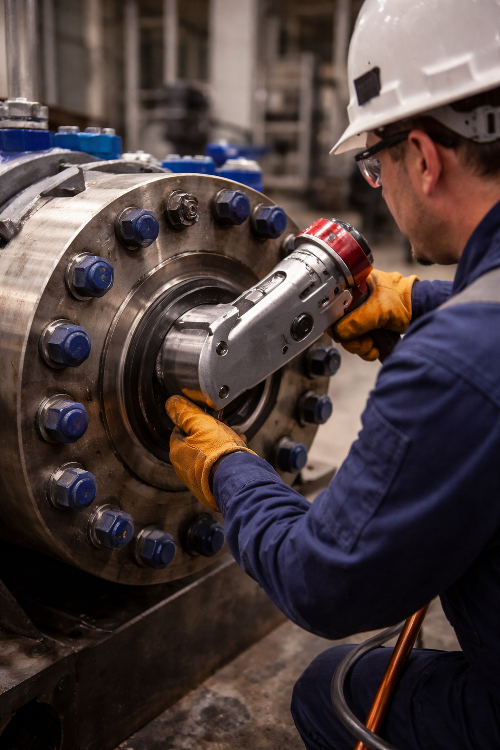 Close-up of PowerGen technician performing precision bolting on plant equipment