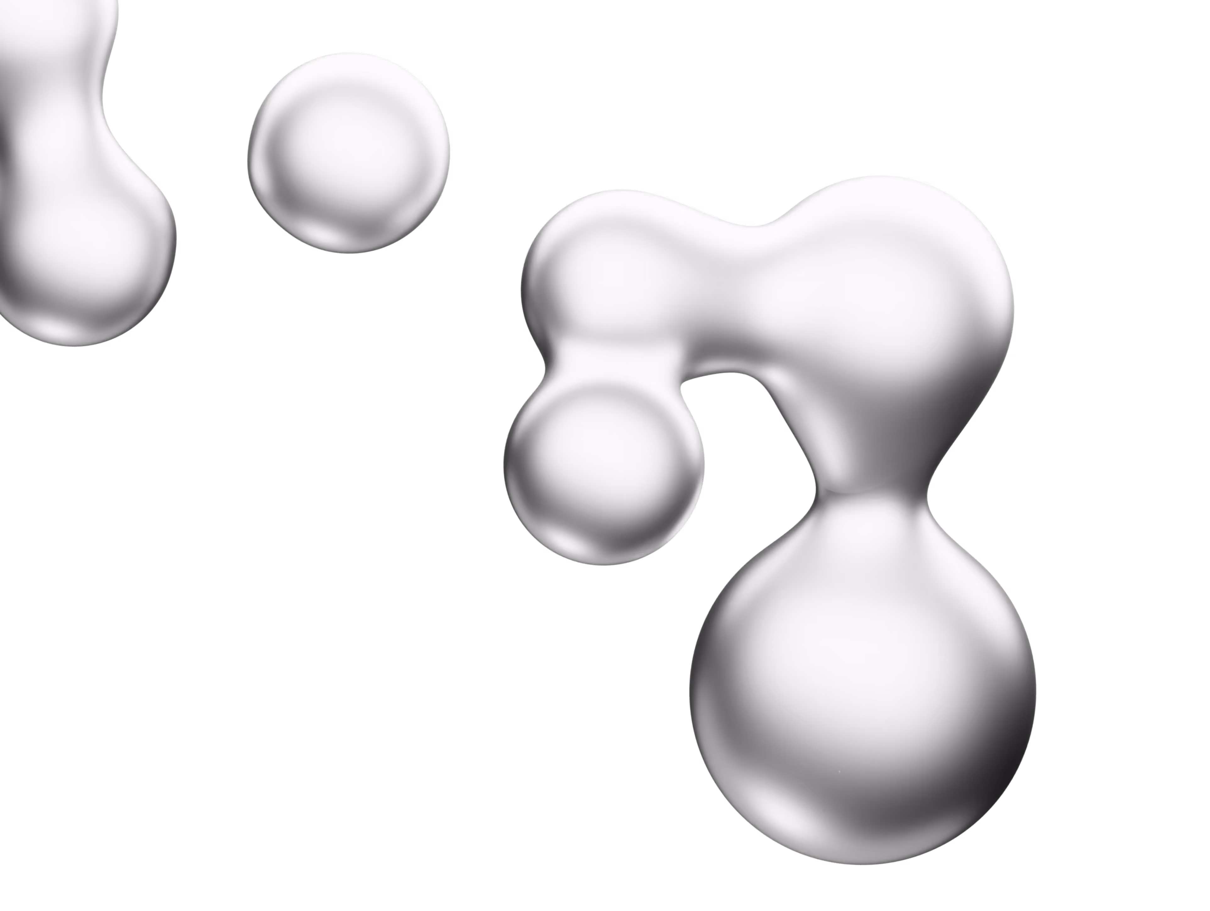 Abstract 3D white organic shapes floating on a black background.