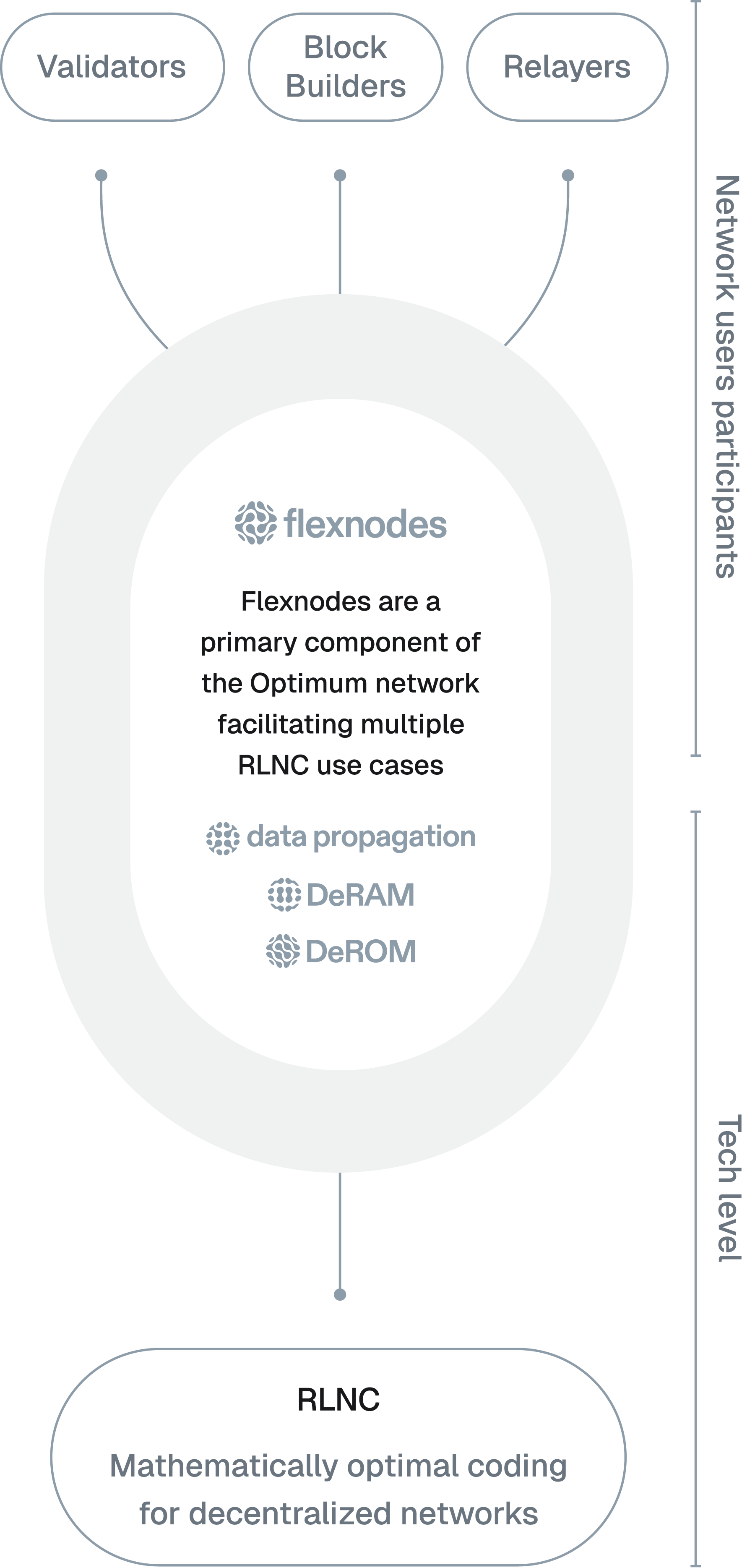 Diagram showing Flexnodes as a primary component of the Optimum network enabling RLNC use cases like data propagation, DeRAM, and DeROM between network users participants and tech level components including Validators, Block Builders, and Relayers.