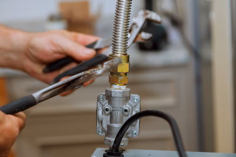 Hands using tools to tighten a metal gas line connection on an appliance.