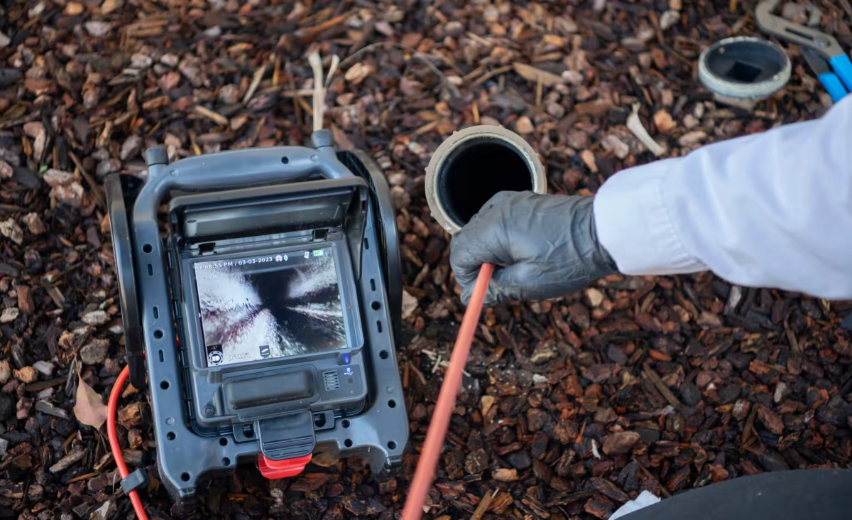 Gloved hand working with a sewer camera inserted into an outdoor drain surrounded by mulch and tools  in Worthington, Ohio.