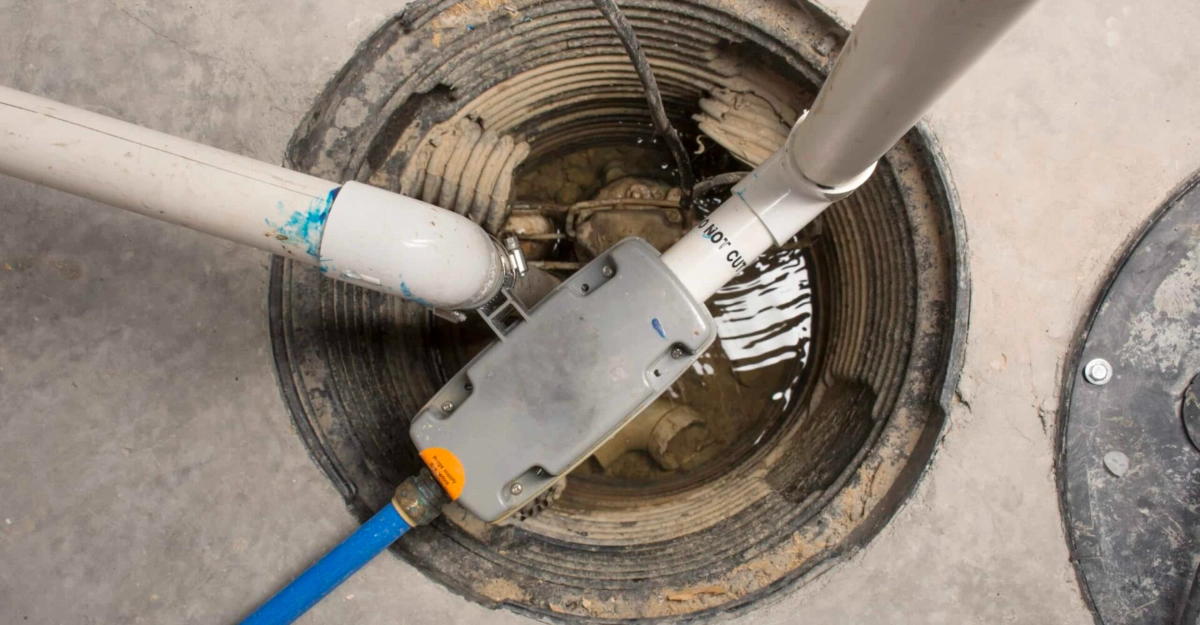 A sump pump system installed in a basement floor drain with connected white and blue pipes  in Worthington, Ohio.