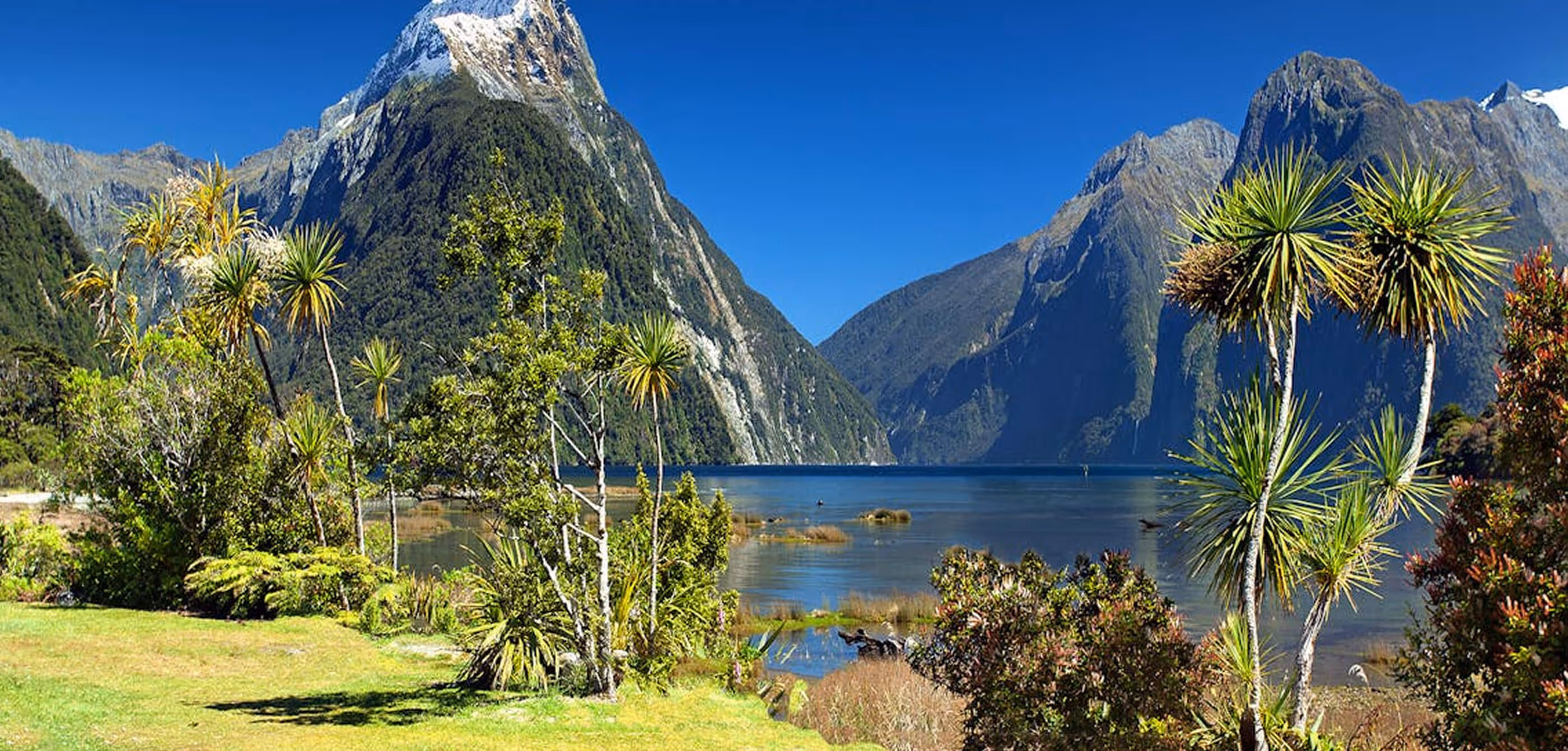 Scenic lake surrounded by lush greenery and tall rocky mountains under clear blue sky.